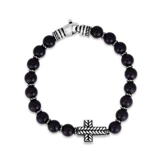 Men's Sterling Silver Cross & Black Onyx Bead Bracelet