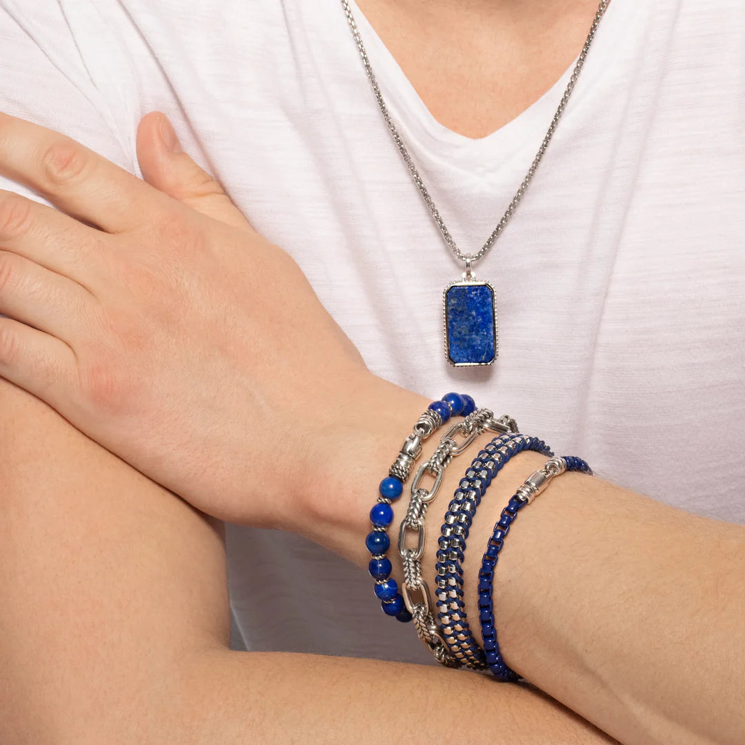 Men's Sterling Silver & Blue Box Link Bracelet