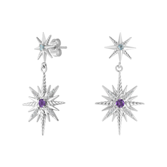 SILVER & DIAMOND CONSTELLATION EARRINGS WITH BLUE TOPAZ AND AMETHYST