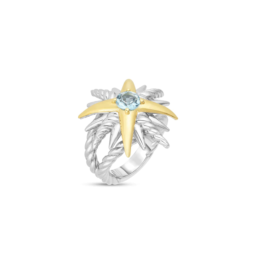 SILVER & 18K GOLD BOLD CONSTELLATION CABLE RING WITH BLUE TOPAZ